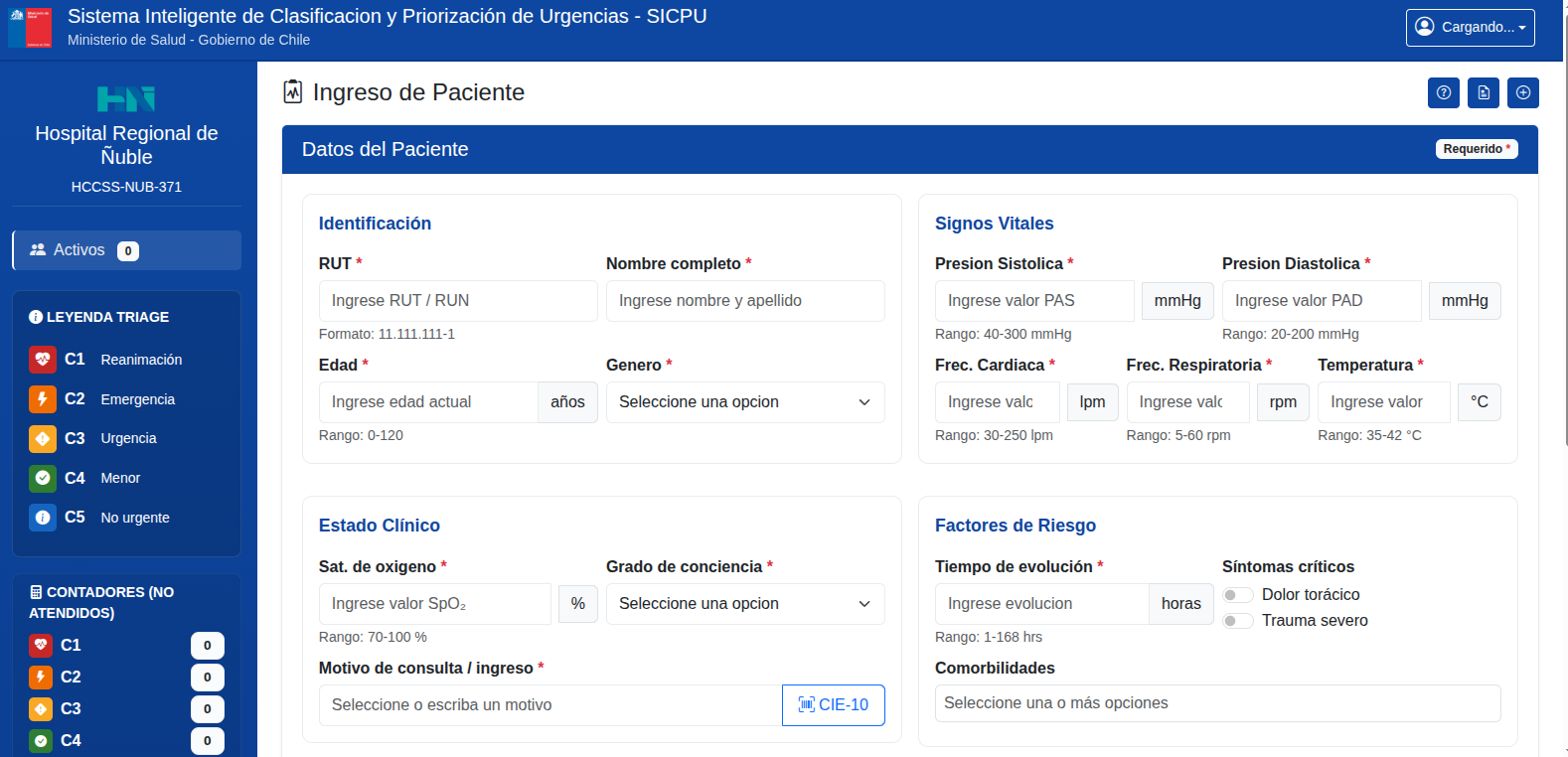 Vista del sistema de clasificación y priorización de urgencias